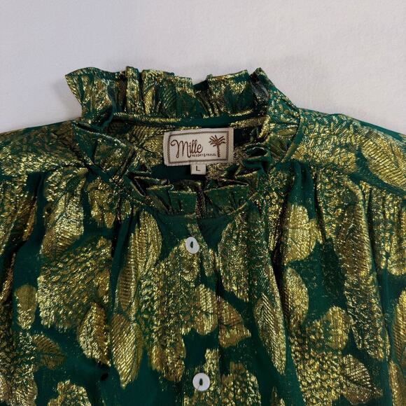 Mille Resort Travel Womens Blouse Green Gold L Silk Ruffle Mock Neck Sheer Party - Picture 3 of 12